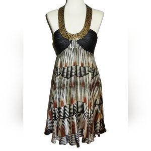 Anne Klein Black Cream Brown Silk HalterBack  Dress Sz 14